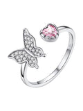 Bestyle 925 Sterling Silver Butterfly Ring Hypoallergnic Adjustable Birthstone Rings for Women Butterfly Jewelry Gifts for Anniversary Mothers' Day Birthday - color: 10.October (Pink Tourmaline)
