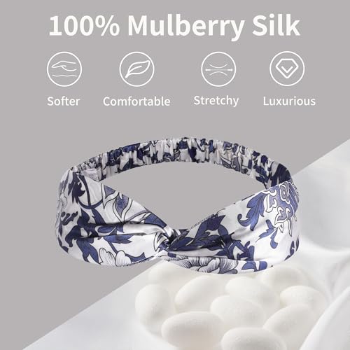 ZLYC Mulberry Silk Headband Elastic Twist Knotted Head Bands for Women's Hair, Floral Navy and White - color: Floral Navy and White