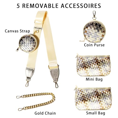 Handmade Woven Small Crossbody Bag for Women with Coin Purse, Designer Shoulder Handbag 3pcs Set, Mini Tote Clutch - color: Brown Multicolor