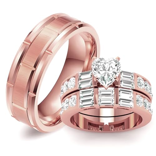 3Pcs Moissanite Wedding Rings Sets for Couples, s925 10K 14K 18K Real Gold Wedding Rings Sets for Him and Her, Customized Matching Engagement Bands Set for Men and Women Free Engraving - style: Style-7