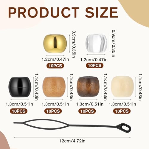 60 Pcs Hair Braids Beads, 12 mm Hair Beads for Women, Multi-Style Wooden Hairs Bead Jewelry for Adult, Men, Dreadlocks Accessories