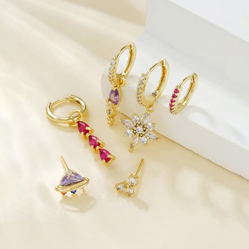 6pcs Gold Hoop Earring Stacks For Women Dainty Colorful Cubic Zirconia Huggie Earrings 18k Gold Hoop Earrings Cartilage Stud Earring Sets For Multiple Piercing - style: Fashion-B