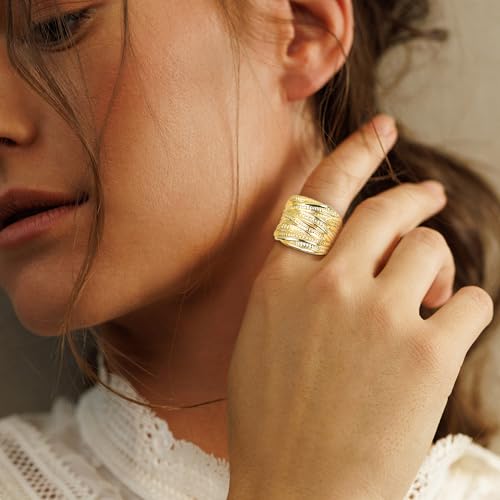 Mytys 2 Tone Intertwined Crossover Statement Ring Fashion Chunky Band Rings for Women Wide Index Finger Rings Costume Jewelry - color: Gold