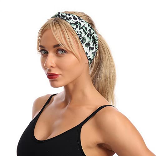Woration Headband Yoga Leopard Print Cross Wide Elastic Headwear Head Wrap Hairband Twist Turban Knot Headwrap Hair Accessories for Women, Girls - Green - color: Leopard D