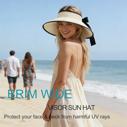 Women's Sun Visor Hats Wide Brim Beach Hat Straw Ponytail Visor Packable Foldable UPF 50+ Floppy Travel Hats - color: Beige01