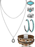 Ecally Bohemian Western Jewelry Turquoise Set Women Country Pendant Long Choker Layered Bracelets Earrings Ring for Women - color: Turquoise, style: Classic
