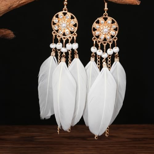 Clip on Tassel Dangle Earrings for Boho Women, Non Pierced, Colorful Feather Handmade Beads Fashion Vintage Fringe Jewelry for Parties Weddings Festivals Trendy Statement Earrings for Bohemian - color: White B
