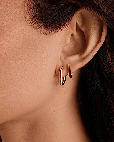 PAVOI 18K Gold Plated 925 Sterling Silver Posts Small Hoop Earrings for Women - Trendy Geometric Plain Chunky Huggie Earscape Piercing Pack - Hypoallergenic Everyday Gold Hoop Earrings Set - style: Rectangle