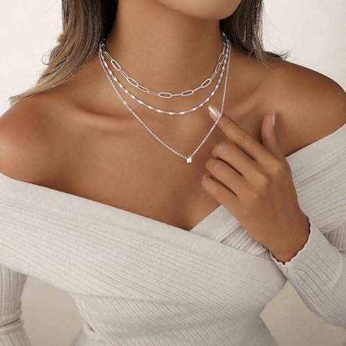 Layered Gold Necklace for Women Trendy 14K Gold Plated Heart CZ Pendant Layered Gold Necklaces Set Coin Choker Necklaces Simple Circle Cubic Zirconia Pearl Necklace Stack Herringbone Paperclip Chain Jewelry Set - style: 3PCS-Paperclip chain zircon-SL