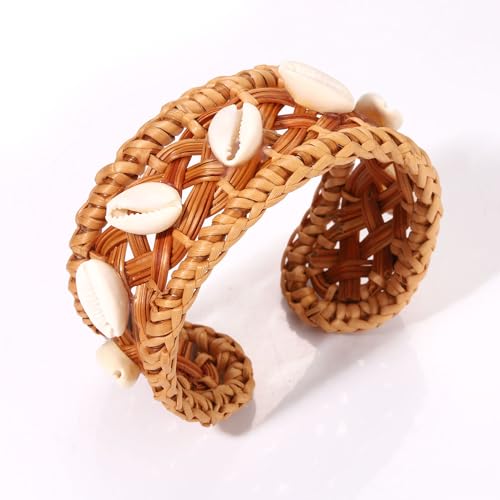 Rattan Bracelet Handmade Lightweight Straw Wicker Braid Cuff Bangle Bracelet Statement Adjustable Bohemian Rattans Woven Chunky Bracelets for Summer Wrist Jewelry - style: H Rattan Shell Bracelet