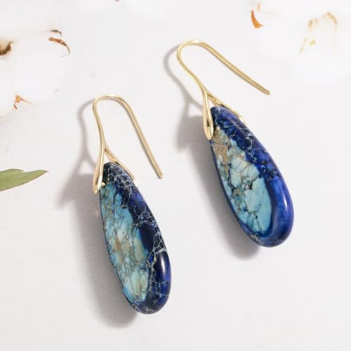 SELOVO Stone Fishhook Dangle Drop Earrings Statement Earrings for Women Stone - color: Dark Blue-Gold Color Hook
