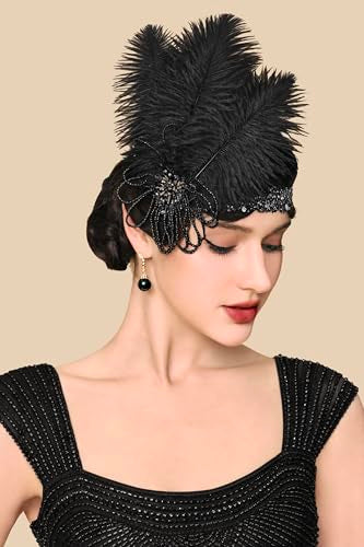 BABEYOND 1920s Feather Flapper Headband - Vintage Sequin Headpiece for Gatsby Party Roaring 20s Costume Accessories - color: Black