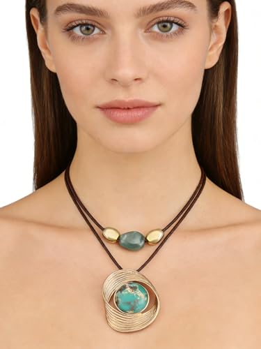 GelConnie Boho Necklaces for Women Cowgirl Necklace Stone Leather Cord Pendant Necklaces With Beads Long vintage Layered Choker Necklace - style: Gold Turquoise Necklace