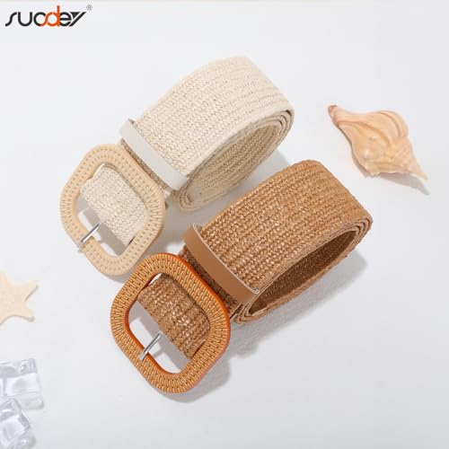 SUOSDEY 2 Pack Straw Woven Elastic Belt Braided Stretch Wide Boho Rattan Waist Belt for Women Dresses - color: 06-brown+beige(square Buckle), size: Fit Waist up to 40''