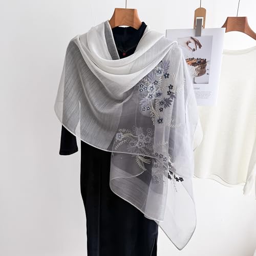 WINCESS YU Women Mulberry Silk Scarf Long & Large Embroidered Floral Pattern Shawl and Wraps Neckerchief for Hair & Neck - color: Gradient Light Grey