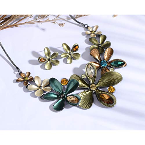 AMYJANE Vintage Statement Jewelry Set - Spring Leaf Flower Floral Plant Necklace Earring Set Crystal Rhinestone Fashion Costume Jewelry for Women Prom Party Unique Gift - style: Green Flower Jewelry Set