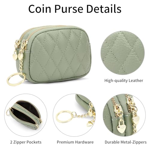 SENDEFN Women's Coin Purse Genuine Leather Wallet Small 2 Zippers Change Pouch Purse with Keychain Ring - color: 2-Green