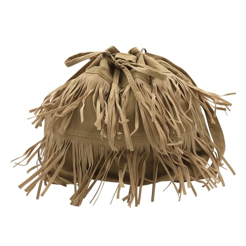 Fringe Hobo Purse Bags for Women Crossbody Purses with Drawstring Ladies Tassel Tote Shoulder Bucket Handbags,Khaki - color: Khaki (Barrel Shape)