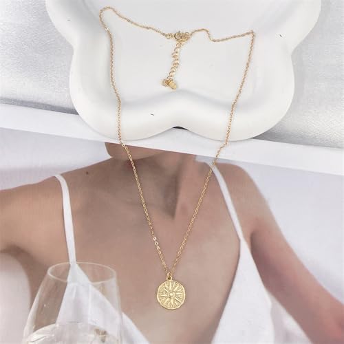 NewZenro Vintage Sun Embossed Round Disc Pendant Necklace for Women Dainty Minimalist S925 Sterling Silver 18K Gold Plated Link Choker Necklaces Adjustable Chain Fashion Trendy Jewelry for Her Bff - color: Gold