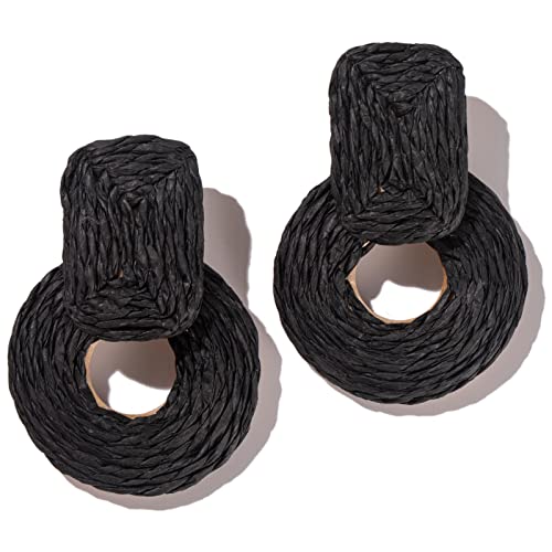 Statement Raffia Earrings Cute Boho Earrings Rattan Dangle Earrings Handmade Straw Wrap Earrings Summer Drop Dangling Earrings for Women Teen Girls - color: Black2