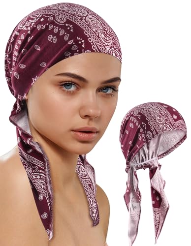 Ababalaya Chemo Headwear for Women Softer Headcover with Longer Tails, Breathable Skull Cap Non-Slip Sleep Beanie - color: Redpaisley