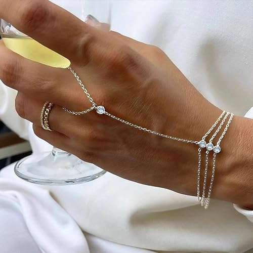 925 Sterling Silver Hand Chain Bracelet for Women,Non Tarnish 14k Gold Plated CZ Crystal Heart Starburst Ring Bracelets Hand Chain Dainty Diamond Layered Stackable Link Chain Beach Waterproof Graduation Wedding Gifts - color: Silver