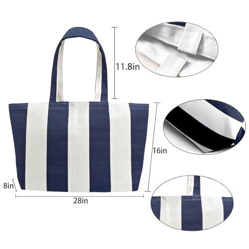 Large Canvas Tote Bag-Extra Big Shopping Beach Totes Bags Reusable Largest Grocery Plain Solid Bag 28"x8"x16" - color: Blue White Stripe