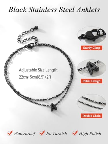 FaithHeart Initial Ankle Bracelets for Women, Waterproof 14k Gold Plated Initial Anklets Non Tarnish Stainless Steel Cute Layered Anklet Summer Beach Jewelry - color: Black, size: Initial M