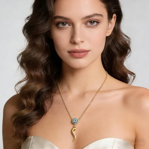 INFUSEU Italian Horn Necklace with Evil Eye for Women Protection Good Luck Gifts - color: Gold, style: Style A
