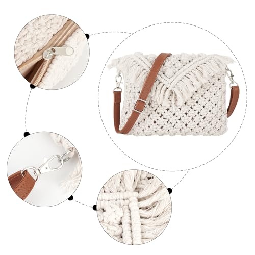 Goclothod Women Crochet Fringed Shoulder Bag Cotton Tassel Crossbody Bag Hippie Beach Purse - color: Crochet Cream