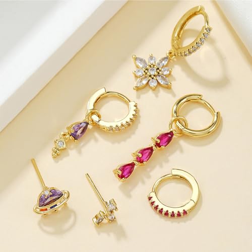 6pcs Gold Hoop Earring Stacks For Women Dainty Colorful Cubic Zirconia Huggie Earrings 18k Gold Hoop Earrings Cartilage Stud Earring Sets For Multiple Piercing - style: Fashion-B