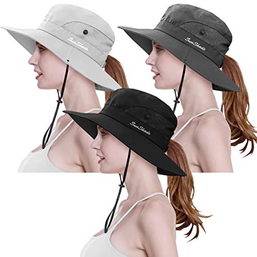 3 Pieces Womens Ponytail Wide Brim Sun Hat Packable UV Protection Beach Cap for Fishing & Hiking - color: Black＆gray＆pure Beige