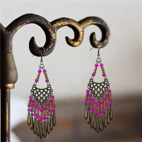 Handmade Vintage Bronze Bohemian Long Tassel Colorful Bead Dangle Drop Earrings Big Tribal Chandelier Geometry Hook Earrings for Women Statement Jewelry Gifts - color: Rose purple