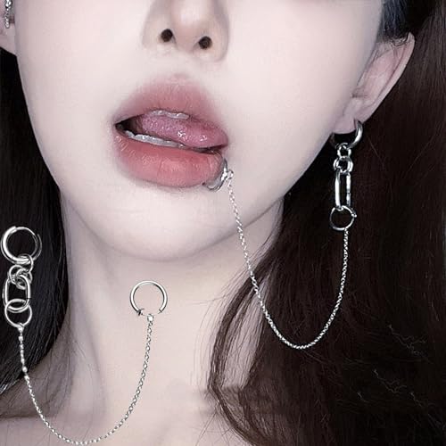 Lip Ring Chain To Ear Hoop Nose Ring Gothic Clip On Non Piercing Lip Helix Cartilage Clip On Wrap Earrings Fake Lip Rings Body Jewelry for Women - color: Pierced