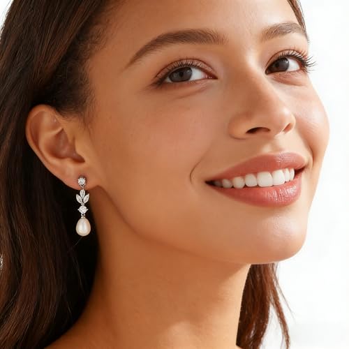 Pearl Earrings for Women Dainty Diamond Pearl Drop Earrings 14k Gold Plated Dangle Earrings for Women Weddings Gifts Bridesmaid Gifts - color: A-silver pearl earrings