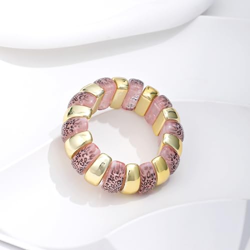 GOOJIDS Simple Beaded Gold Plated Bangles Bracelet Chunky Bamboo Tube Curved Stacking Clear Acrylic Colorful Beads Stretchable Gold Plated Bracelets Set For Women - color: B-Gold&Pink Leopard
