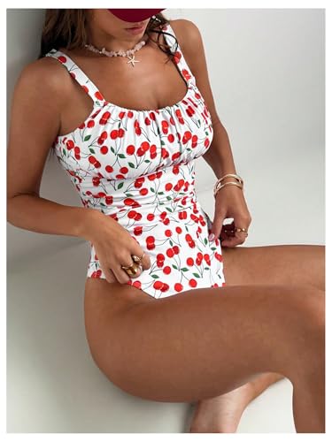 BEAUDRM Women's Boho Floral Print One Piece Swimsuit Y2K Bathing Suits Swimwear Beachwear - color: Red Cherry, size: X-Small