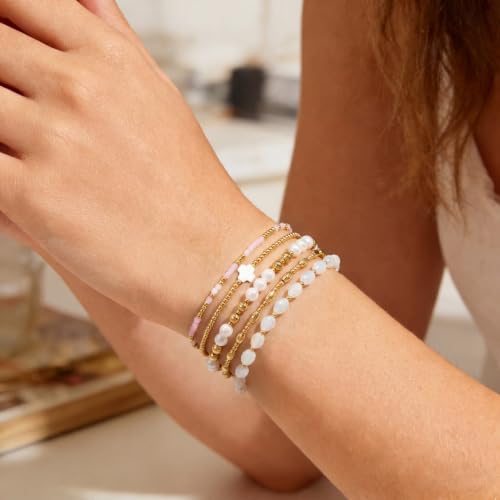 Dainty Gold Plated Pearl Crystal Beaded Bracelets Set for Women 14K Gold Plated Bead Pearl Beads Bracelet Stackable Paperclip Link Chain Bracelets Gold Plated Bracelets for Women Trendy Jewelry - color: Style4-gold bracelets set2