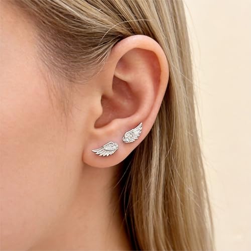 Angel Wing Stud Earrings for Women Flat Back Cartilage Earrings Zircon Crystal Stainless Steel earring Helix Piercing Jewelry