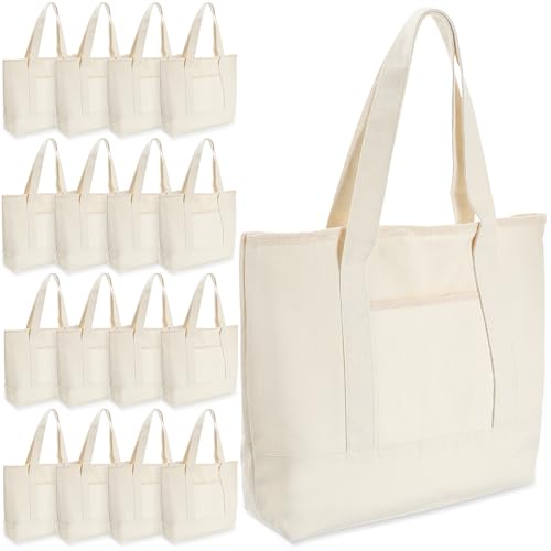 Reginary 16 Pcs Canvas Tote Bags Bulk with Outer Pocket 18 Inch Reusable Shopping Grocery Blank Tote Bag for Women Mother DIY (White) - color: Beige