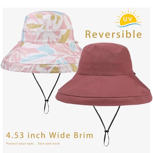 vidsel Womens Sun Hats Wide Brim Reversible Bucket Cotton Hat Packable Summer Travel Cap with Hat Clip,UV Protection - color: Wine Red2, size: Medium