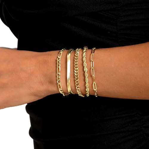 Dainty Gold Bracelets for Women, 14K Gold Plated Stackable Bracelet Set, Adjustable Beaded Cuban Paperclip Herringbone Figaro Snake Rope Chain Jewelry - style: Set7 Gold 5Pcs