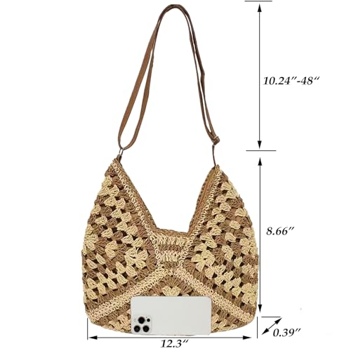 Straw Hobo Bag for Women 2026 Boho Woven Beach Purse Large Summer Straw Tote with Lining Black Raffia Shoulder Bag | straw material - color: Khaki 2 With Adjustable Strap