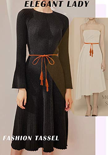 TeeYee Women Girls Multi Colors Braided Waist Tie Belt/Rope/Chain with Tassel Fringe Wrap Cloth Belts for Ladies Dress Pants - color: Orange