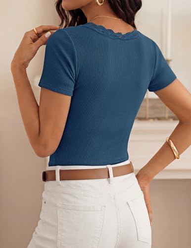 ZESICA Womens Summer 2026 Short Sleeve Trendy Lace V Neck Tops Fitted Cute Shirts Dressy Casual Blouses Y2k Going Out Outfits - color: Dusty Blue, size: Large