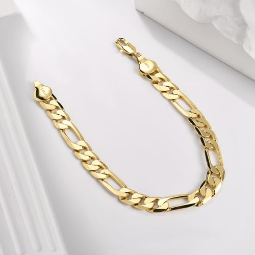 7mm Diamond-Cut Figaro Bracelet 14K Gold Link Bracelets Simple Trendy Non-tarnish Waterproof Gold Bracelets for Women and Men Fashion Accessories Jewelry Gift Unisex Lifetime Quality - color: 7mm Figaro Bracelet-7.5