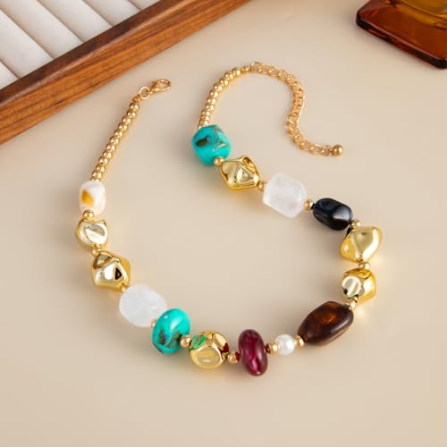 Chunky Acrylic Beaded Necklace for Women Colorful Acrylic Beaded Choker Round Beads Statement Necklace Fashion Jewelry - color: Gold