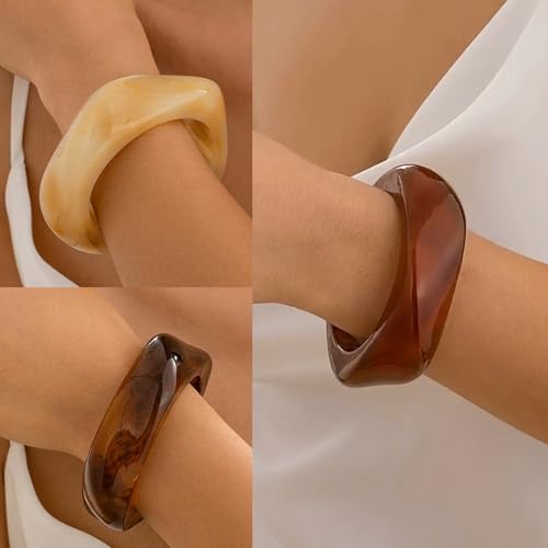 FAXHION Chunky Resin Acrylic Bangle Bracelets for Women, Colorful Wide Geometric Bangles Set, Statement Stackable Bracelet Jewelry Gift - color: Brown