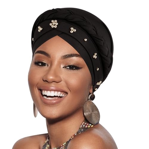 African Women Turban Caps Pre-Tied Twisted Turbans Head Scarf for Women Hair Wraps Cover Beanie Cancer Chemo Headwear - color: 1 Pack Twisted Braid A: Black With Gold Beads