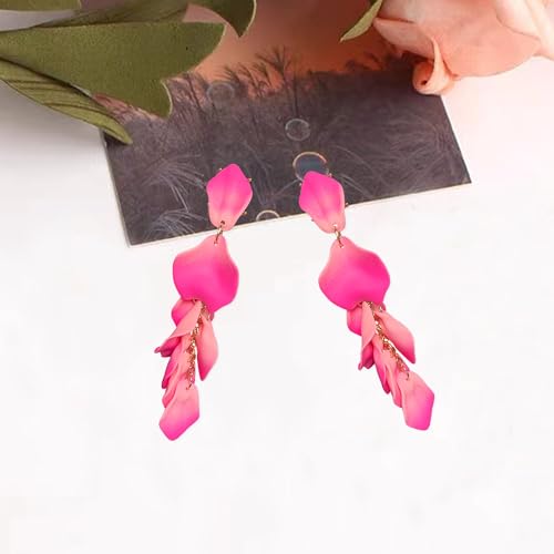 Long Acrylic Rose Petal Earrings Dangle Exaggerated Flower Earrings Drop Statement Floral Tassel Earrings for Women - color: Pink + Hot Pink